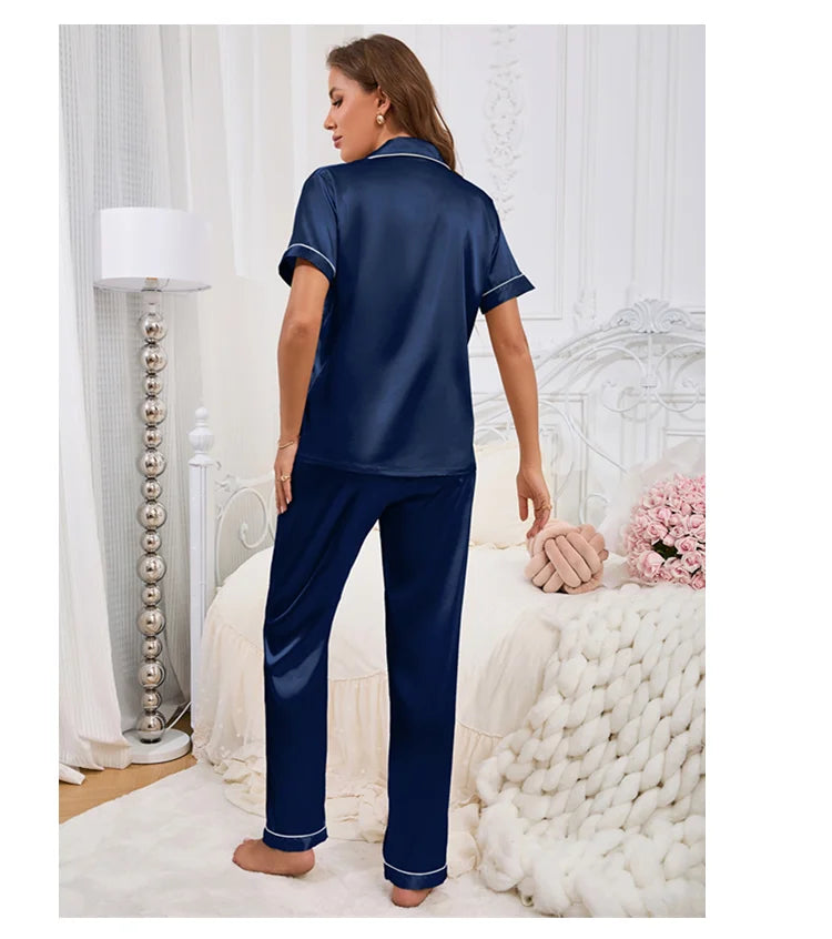 Conjunto de pijama para mujer, ropa para el hogar, camisa de manga corta de satén con pantalones, ropa de dormir, conjunto de 2 piezas, pijama bordado en forma de corazón