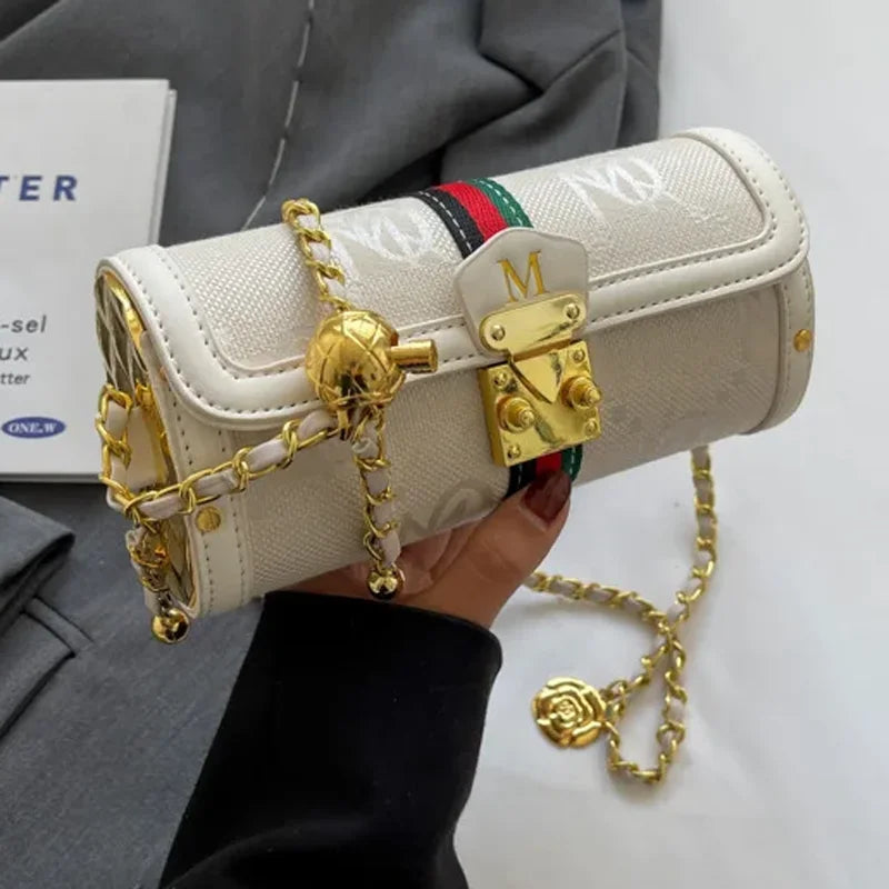 Bolso cilíndrico retro con correa de cadena, bolso de mujer, bolso versátil de hombro y bandolera, bolso mensajero