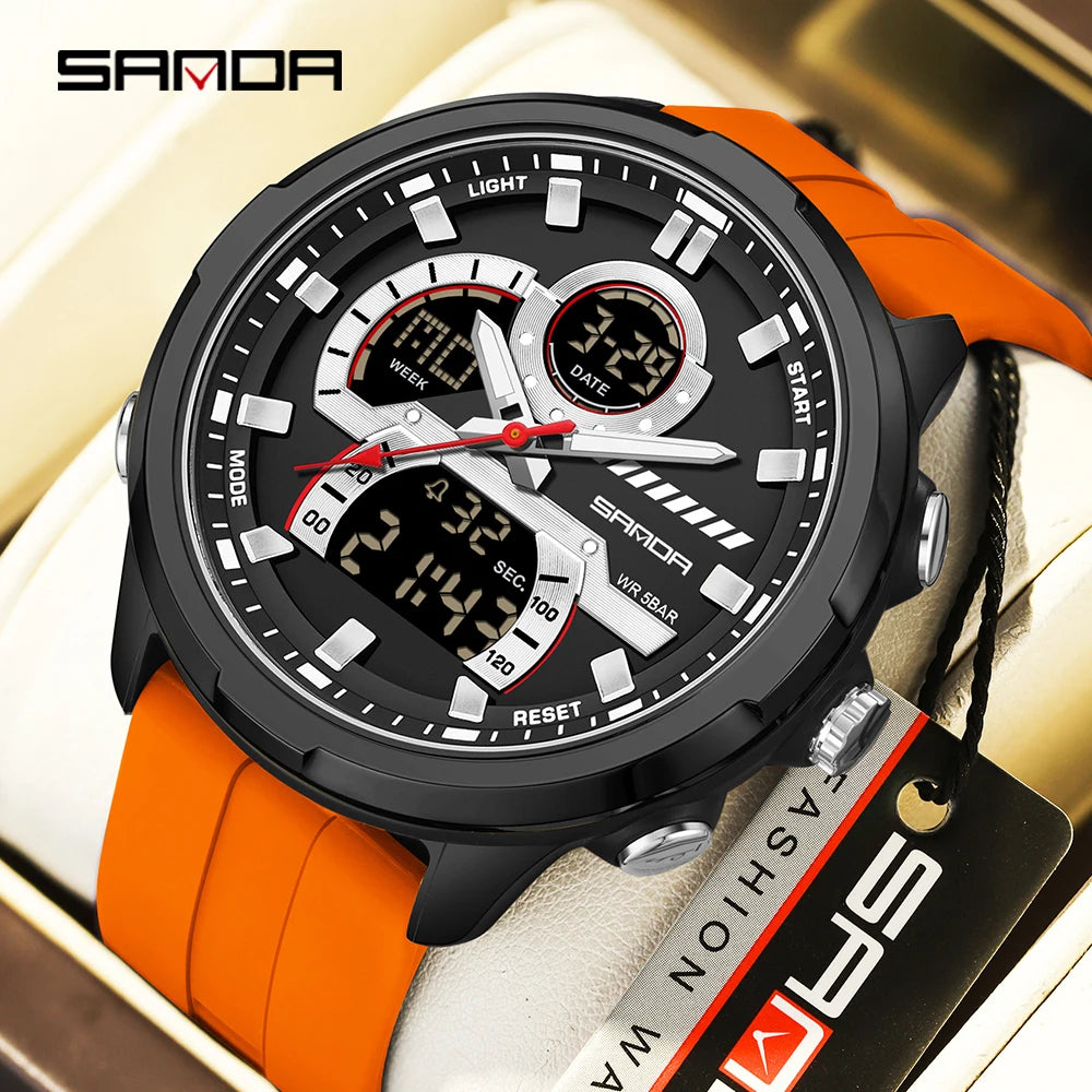 Reloj electrónico de cuarzo SNADA para hombre con pantalla Dual deportivo multifuncional LED resistente al agua reloj electrónico de cuarzo para hombre 9077
