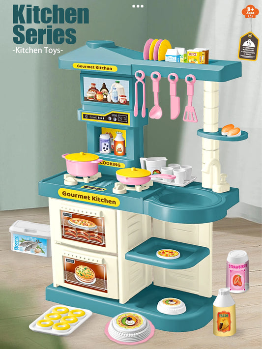 Los niños juegan accesorios de cocina, juego de juguetes, alimentos de cocina, sartenes, ollas de leche, pan, tenedor para niños mayores de 3 años y niñas