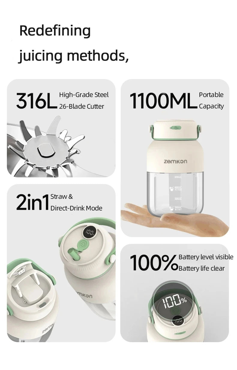 Exprimidor portátil de 1100ML, mezclador de frutas frescas, 26 cuchillas, exprimidor multifuncional recargable por USB, triturador de hielo, licuadora de batidos para el hogar