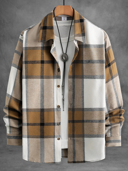 Camisa de Franela a Cuadros Color Caramelo Vintage, Perfecta para Conjuntos con Estética Otoñal