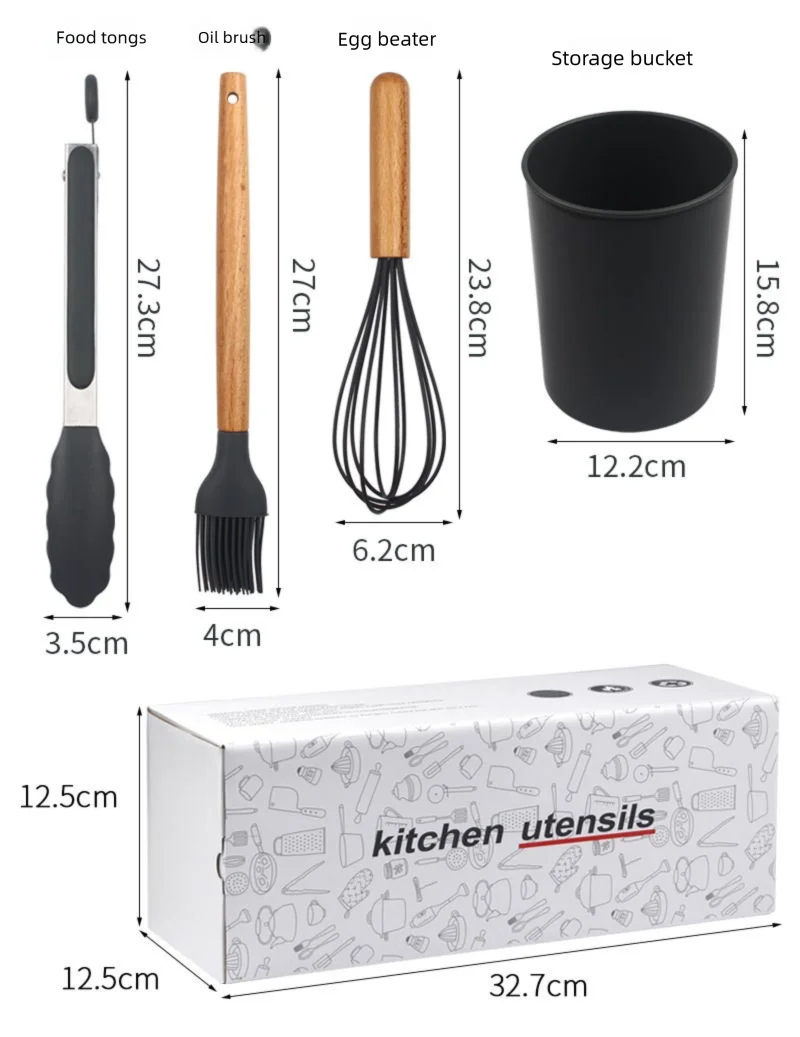 Juego de 12 utensilios de cocina de silicona con mango de madera, espátula antiadherente, cuchara para sopa y freír