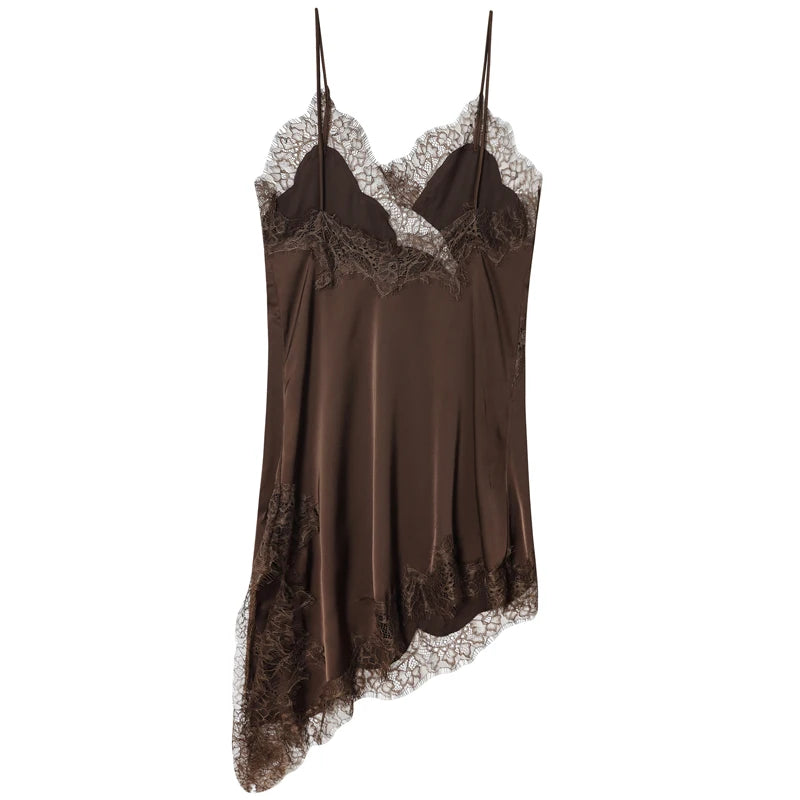 HXAO Vestidos para mujer, vestido asimétrico de encaje, verano 2025, Vestidos de noche sexis para mujer, Mini Vestidos marrones sin mangas y sin espalda