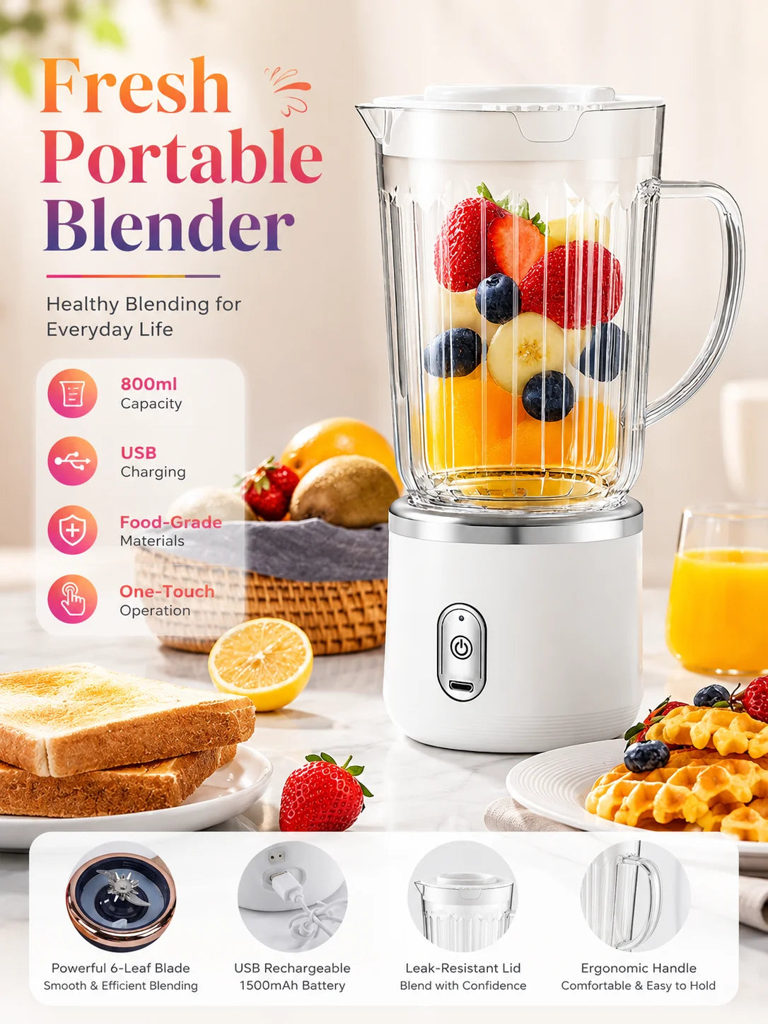 Licuadora Eléctrica Portátil de 800 ml, Operación con un Botón, Carga USB, para Hacer Smoothies de Frutas y Hielo