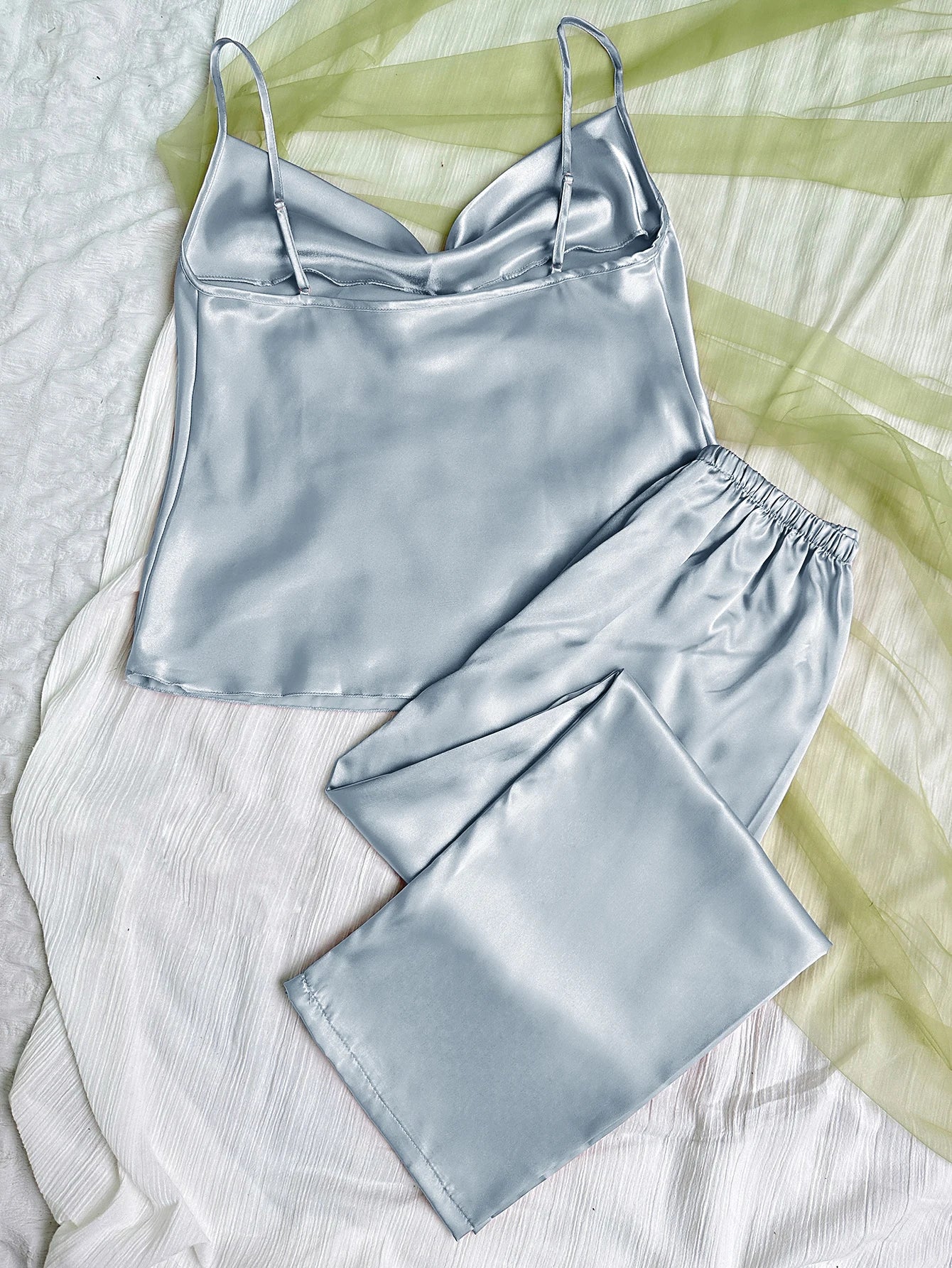 Conjunto de pijama de satén liso con cuello drapeado, Top camisola, pantalones con cintura elástica, ropa de dormir para mujer