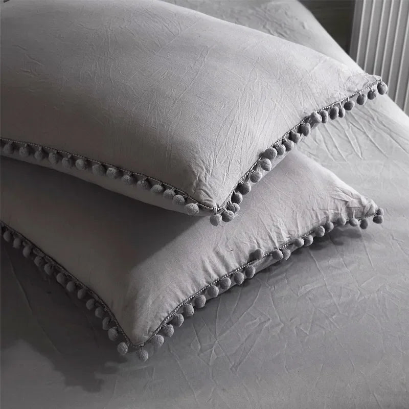 Funda de edredón suave y lavada, Juego de 3 piezas, funda de almohada, juego de ropa de cama para Twin, Full, Queen, King Size, decoración de pompones