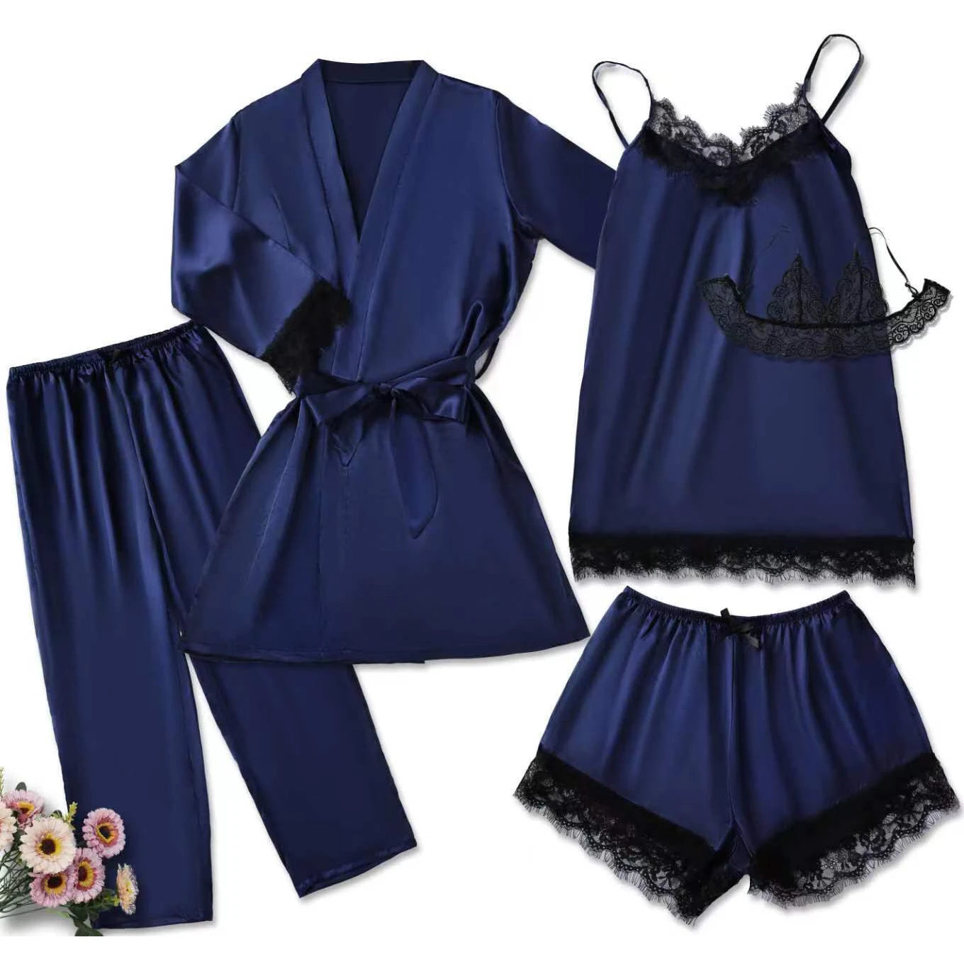 Conjunto de pijama de satén para mujer, lencería Sexy rosa, bata de baño de encaje de retazos, vestido de noche de seda, pantalones, ropa de dormir para el hogar
