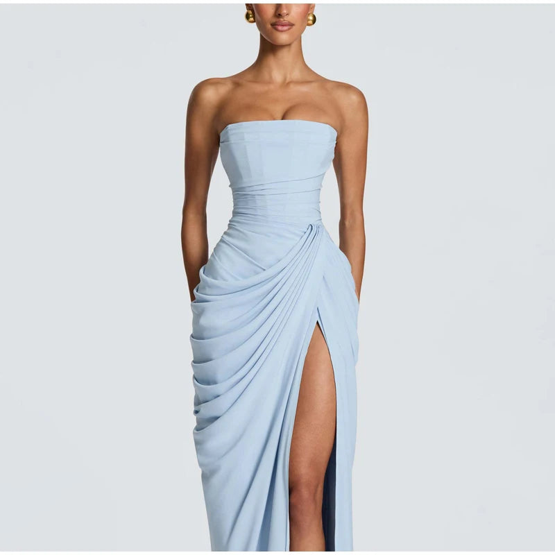 Vestido Maxi Plisado Sólido Sexy con Cuello Halter para Mujer, sin Mangas, sin Espalda, con Cintura Ajustada y Abertura, Vestidos de Fiesta de Verano 2026