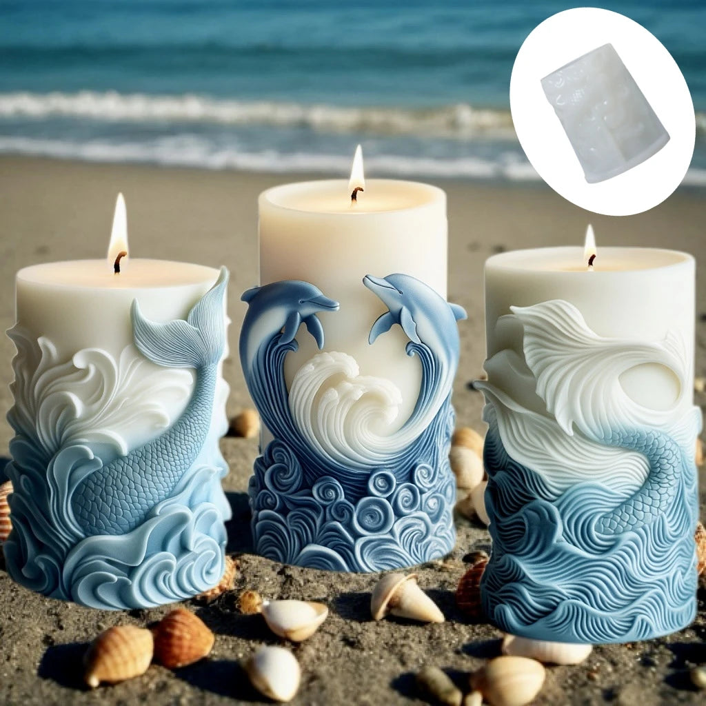 DIY estilo océano vela cilíndrica en relieve molde de silicona estrella de mar concha molde de resina cilíndrica ondas vieira moldes de yeso coral