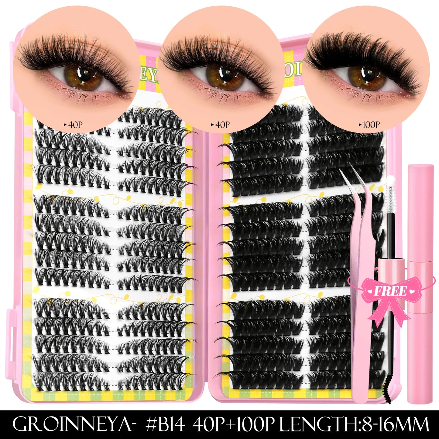 GROINNEYA Clusters de pestañas 540 Uds Kit de extensiones de pestañas de gato Kit de pestañas en racimo con Kit de maquillaje de pestañas Bond & Seal