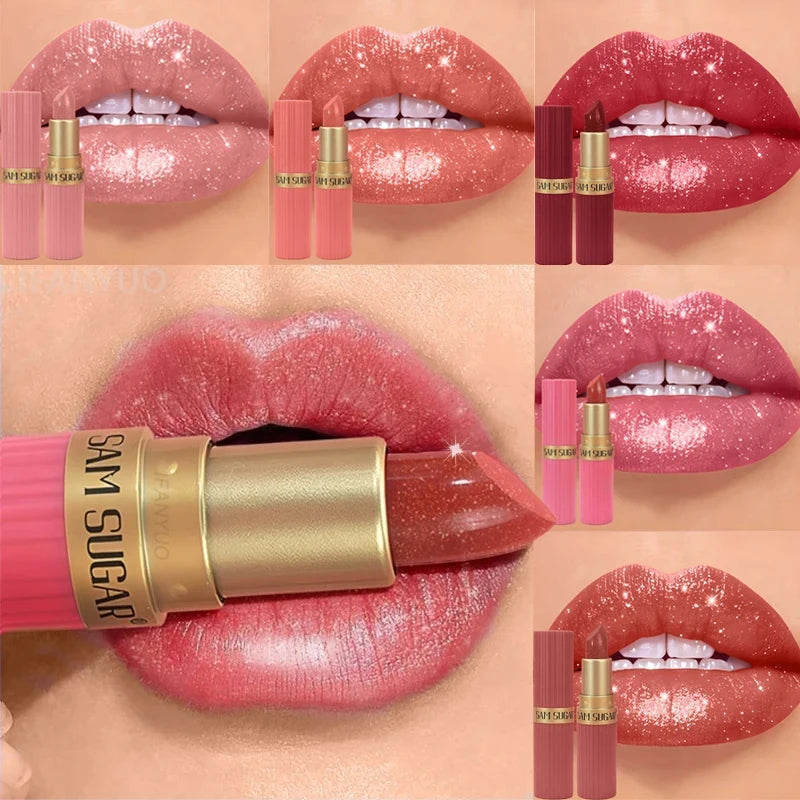 Lápiz Labial Rosa Perlado con Brillo, Metálico, Impermeable, de Larga Duración, Mate, Color Nude, con Destellos de Diamante, Maquillaje Sexy para Mujer