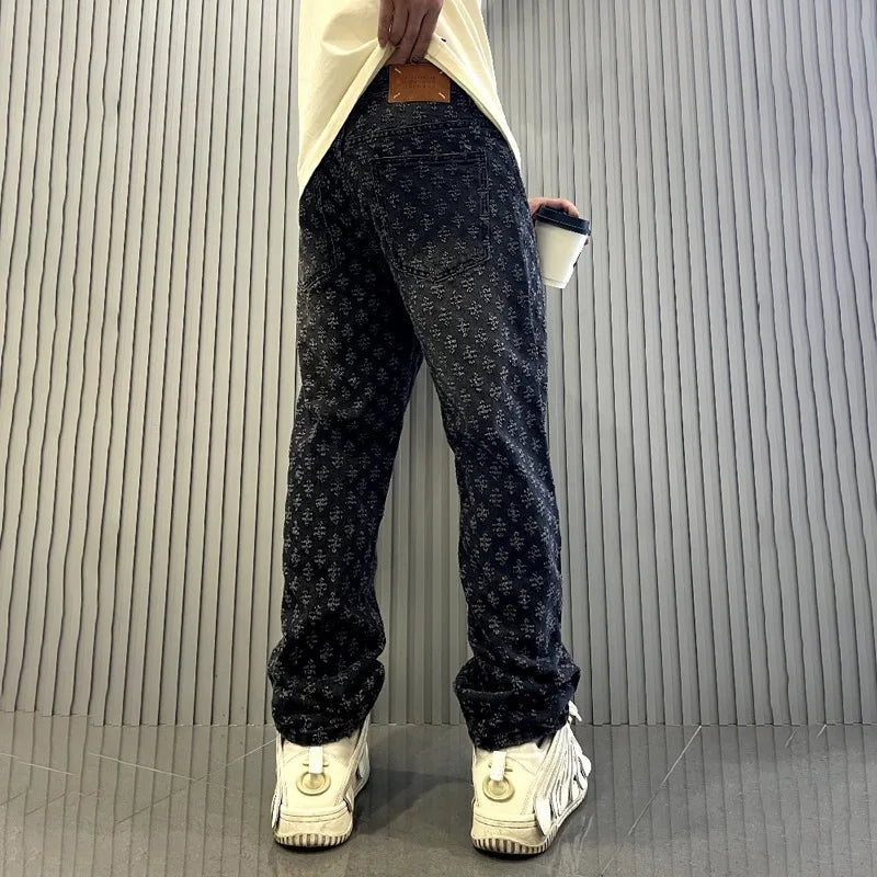 Ropa de calle americana Ins, pantalones estampados bordados Retro, diseño Jacquard de marca a la moda, pantalones vaqueros de Hip Hop de piernas anchas Y2K para hombre