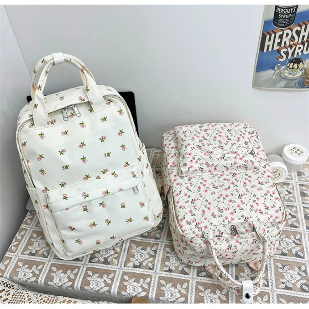 Mochila de moda de gran capacidad para mujer, mochila con estampado de flores y asa para estudiantes, mochila escolar de nailon de estilo japonés para estudiantes
