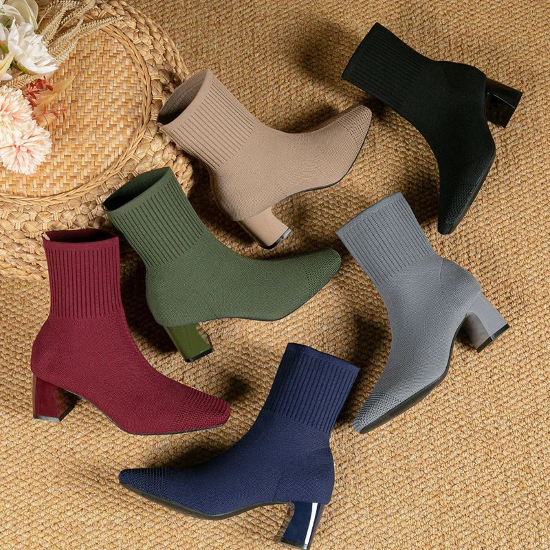 Botas de mujer 2025 nueva moda zapatos cómodos informales de punto suave puntiagudo (alto del tacón 4,5 cm),