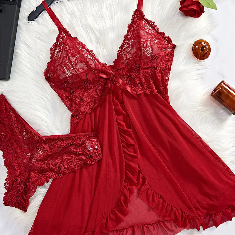 Traje con tirantes, camisón ultrafino de verano, conjuntos de Tanga de encaje, pijamas sexis para mujer, lencería, vestido de noche caliente, ropa de dormir cómoda