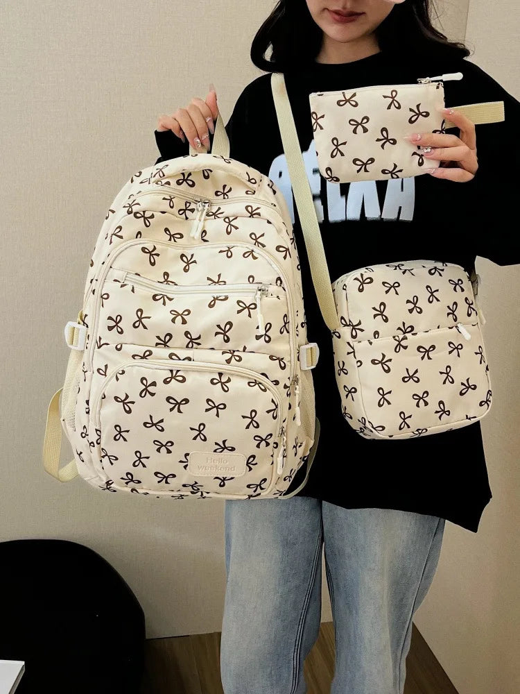 Juego de 3 Bolsas Escolares con Lazo, Mochila de Gran Capacidad, Mochila Casual de Viaje, Mochila Versátil, Bolsa Cruzada, Bolsas para Niñas