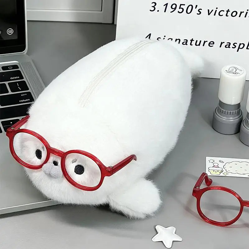 Bolsa de Papelería de Felpa de Gran Capacidad, Útiles Escolares para Estudiantes, Estuche de Lápices con Diseño de Foca Divertida y Linda, Bolsa de Almacenamiento de Alto Valor Estético