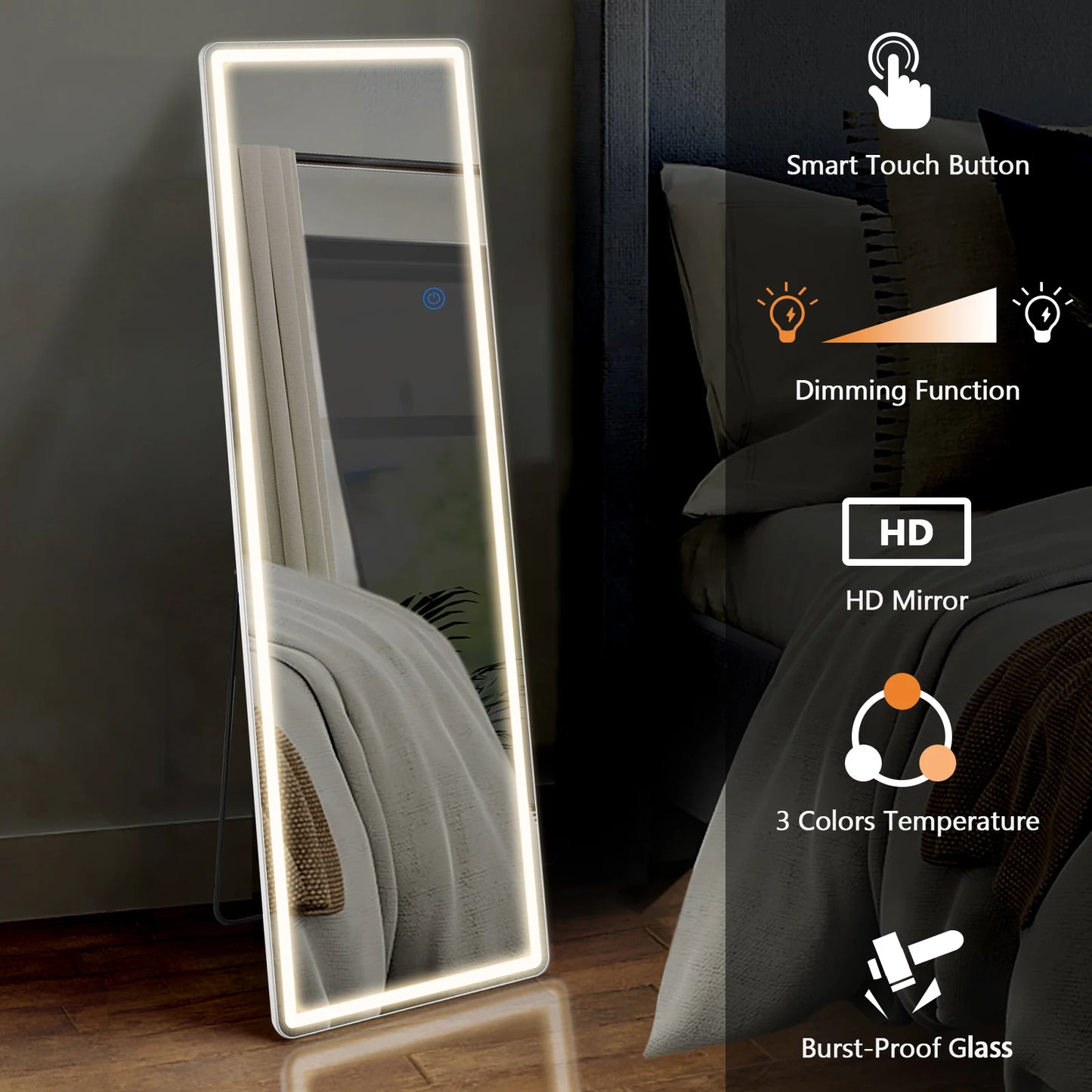 Espejos JHK con luces LED de longitud completa de 64"x21", espejos de pie o para colgar en la pared con soporte, marco de aleación de aluminio para el hogar