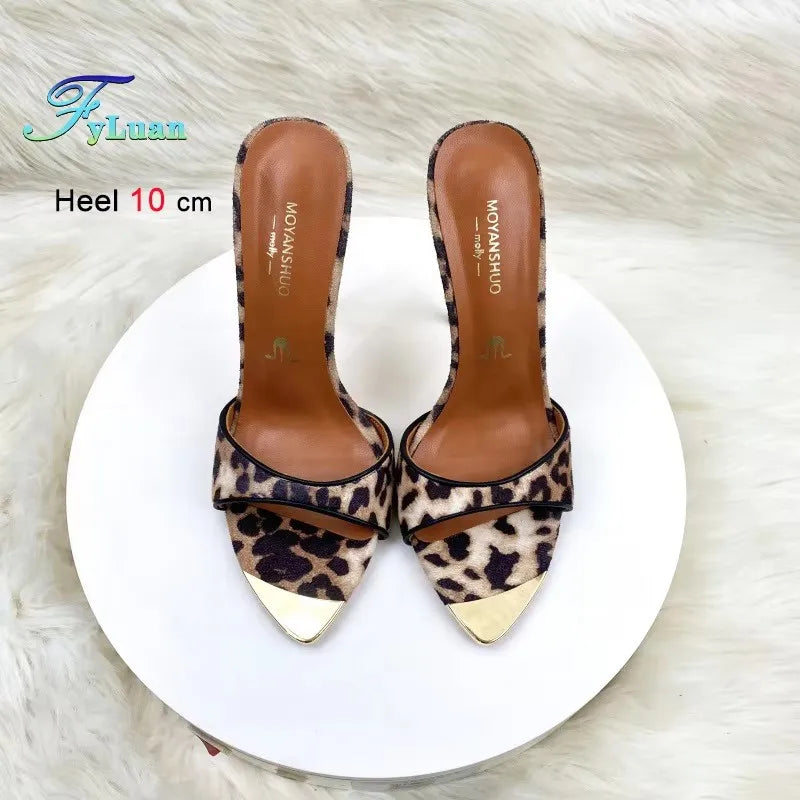 2025 Leopard Print Slim High Heels 10cm 12cm Women's Shoes Metal Pointed Head Ladies Pumps One Word Suede Slippers Casual Shoes