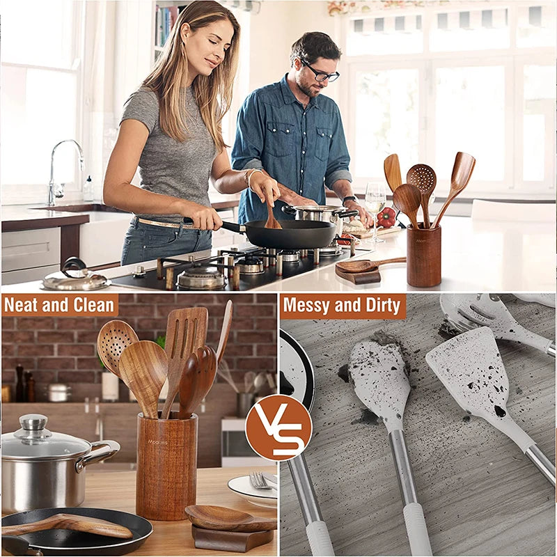 Cuchara de cocina de teca Natural, espátula de madera, juego de utensilios antiadherentes para cocinar con ganchos colgantes, herramienta de utensilios de cocina