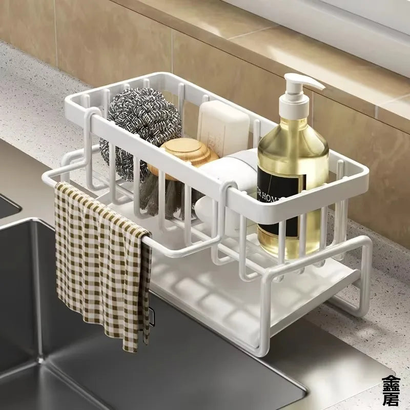 Estante compacto para especias montado en grifo, organizador para fregadero con escurridor, almacenamiento de cocina que ahorra espacio para utensilios/accesorios