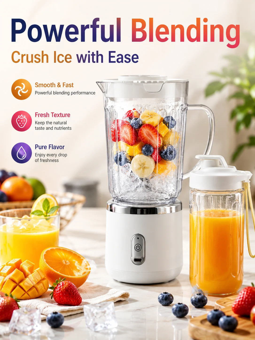 Licuadora Eléctrica Portátil de 800 ml, Operación con un Botón, Carga USB, para Hacer Smoothies de Frutas y Hielo