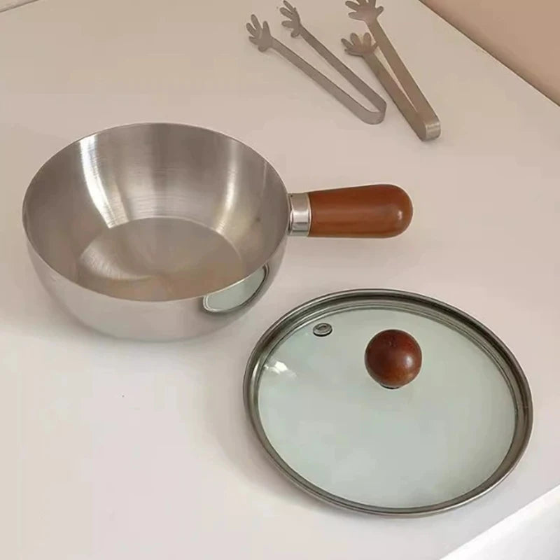Olla para leche de acero inoxidable con mango de madera, olla compacta para cocinar, adecuada para freír huevos y calentar leche