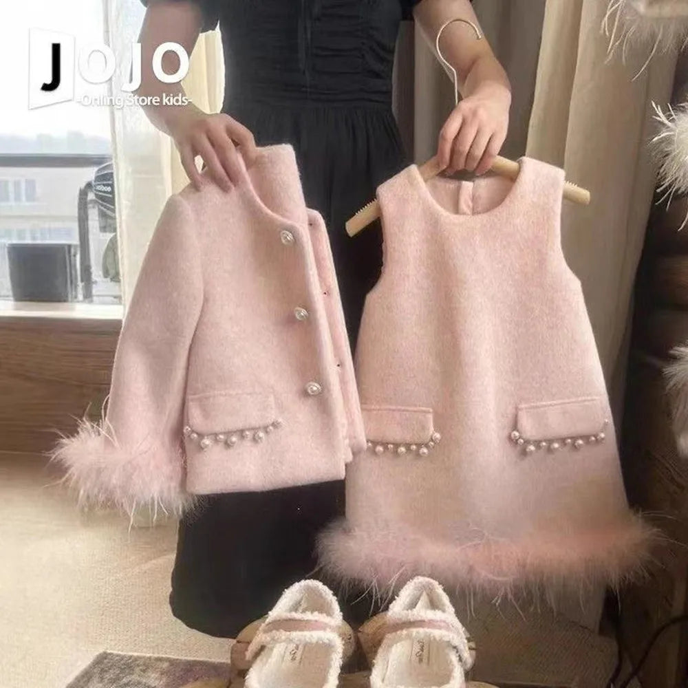 Ropa coreana para niñas, traje de lana, invierno 2025, nuevo estilo occidental, abrigo de alta gama para niños, chaleco, conjunto de dos piezas