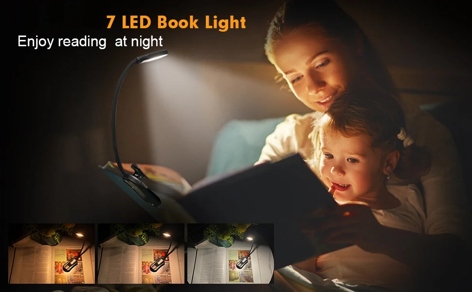 Lámpara de luz de lectura de libros recargable, luz de libro LED para leer en la cama, brillo ajustable para el cuidado de los ojos, 3 temperaturas de color