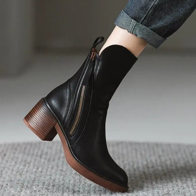 Botines de tacón alto para mujer, botas cortas de cuero con punta redonda, botas de tacón grueso, botines con cremallera lateral, tacón de plataforma para mujer