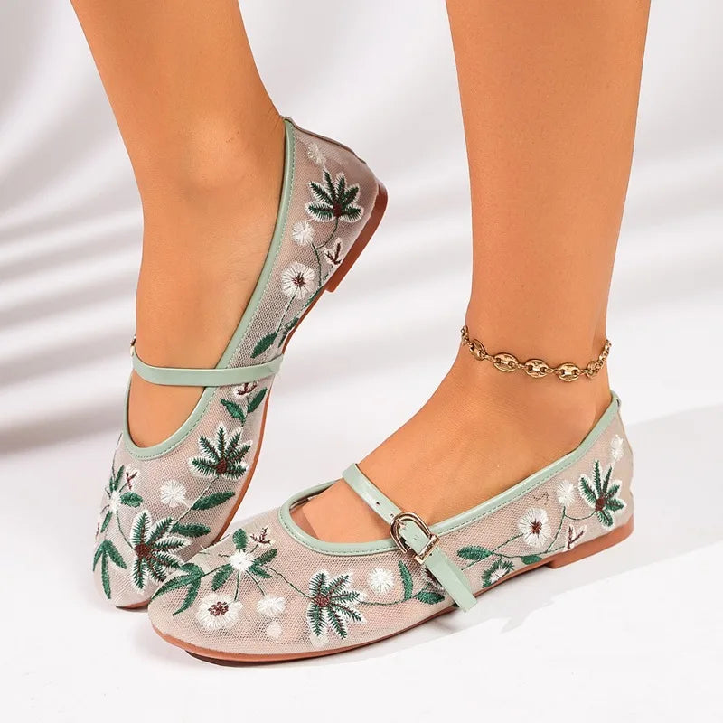 Zapatos Mary Jane de malla con bordado floral de primavera para mujer, zapatos con correa y hebilla concisa, zapatos de suela suave, zapatos planos de ballet transpirables para mujer