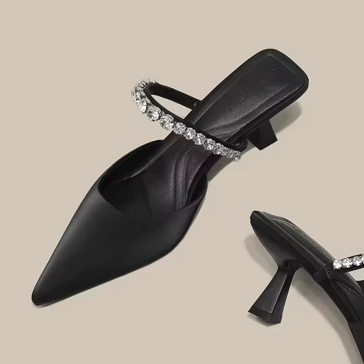 Hot Sale Summer Crystal Pointed Toe Pumps Slip on Thin Heels PU Upper Rubber Sole Elegant Womens Shoes