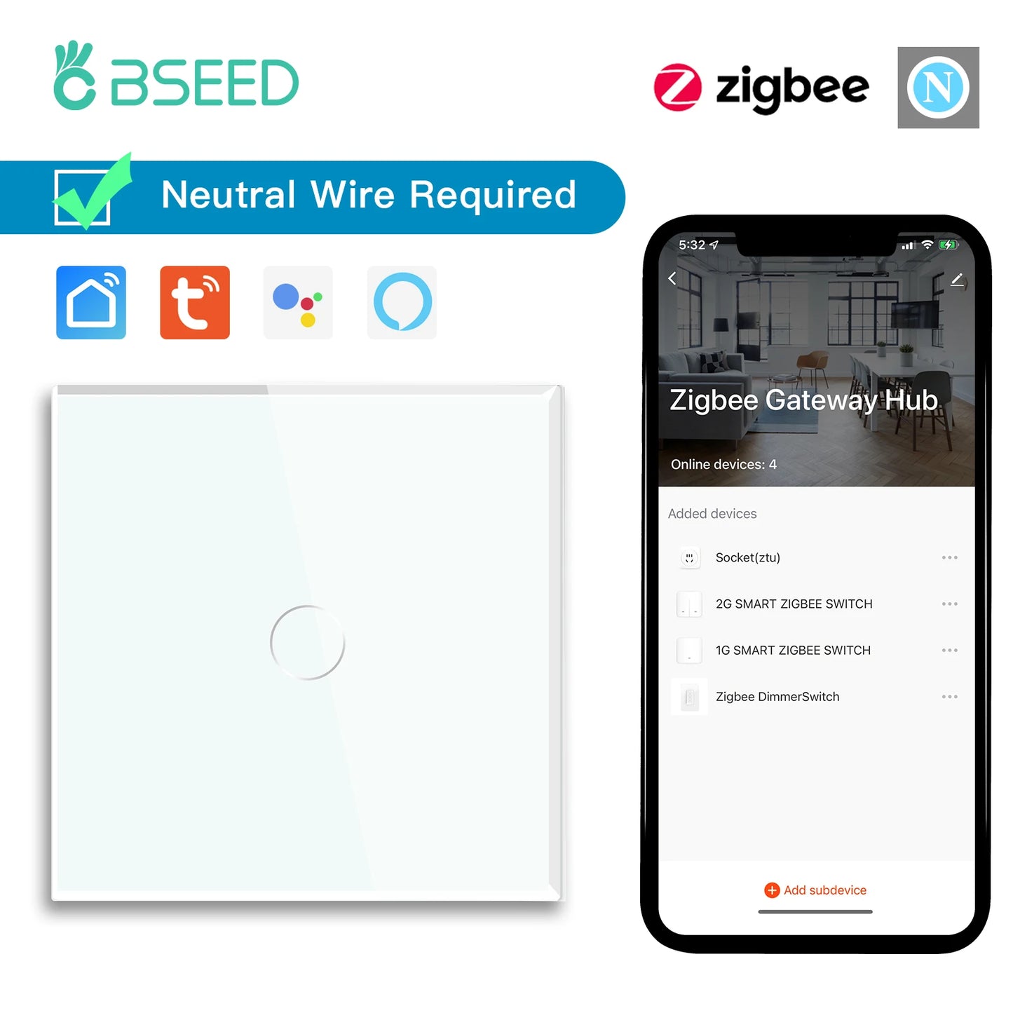 Interruptores BSEED Zigbee, interruptor de luz inteligente de 1/2/3 entradas, enchufes de pared normales de la UE, interruptores táctiles multicontrol, aplicación Tuya Smart Life Alexa