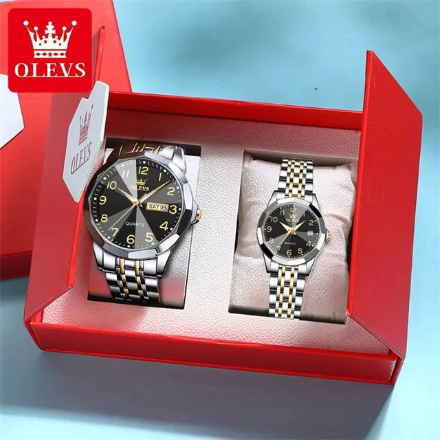 OLEVS 9970 reloj de lujo para parejas, reloj de pulsera con calendario resistente al agua de acero inoxidable para hombres y mujeres, reloj para amantes del espejo con rombos y esfera Digital