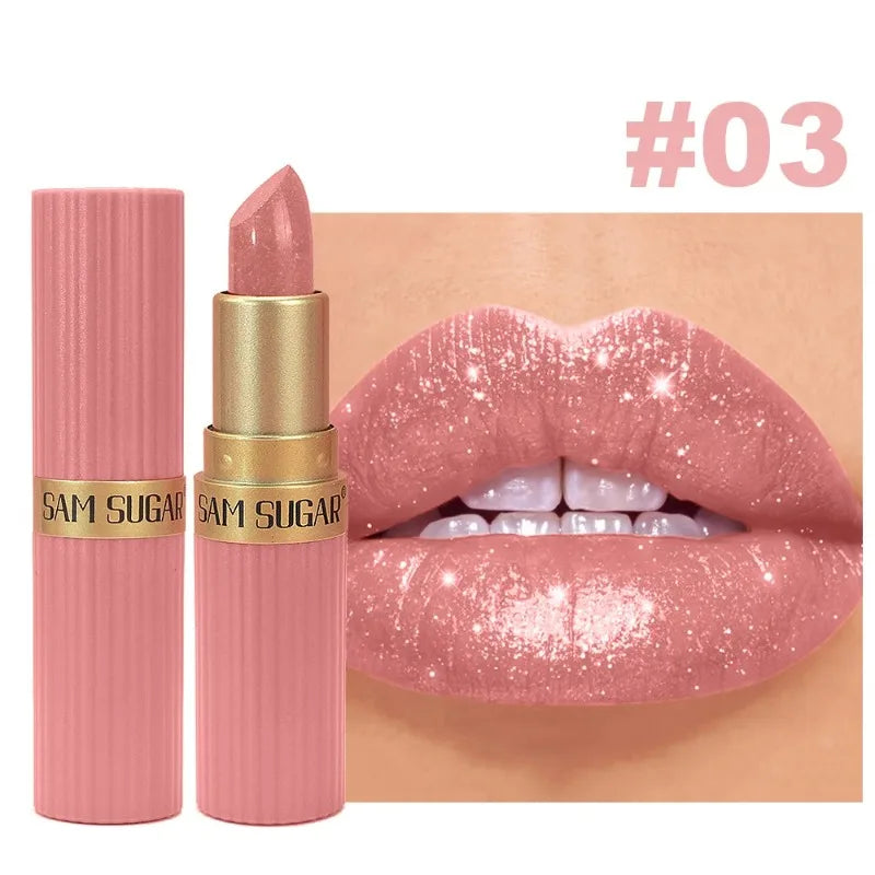 Lápiz Labial Rosa Perlado con Brillo, Metálico, Impermeable, de Larga Duración, Mate, Color Nude, con Destellos de Diamante, Maquillaje Sexy para Mujer