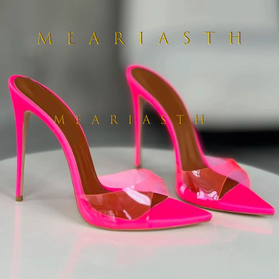 2025 Peep Toe Sexy verano mujer mulas bombas sandalias elegante súper fino tacones altos mula Oficina señora zapatos de fiesta zapatillas sandalias