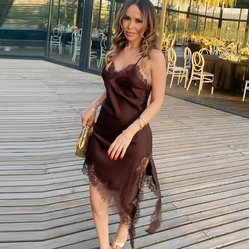 HXAO Vestidos para mujer, vestido asimétrico de encaje, verano 2025, Vestidos de noche sexis para mujer, Mini Vestidos marrones sin mangas y sin espalda