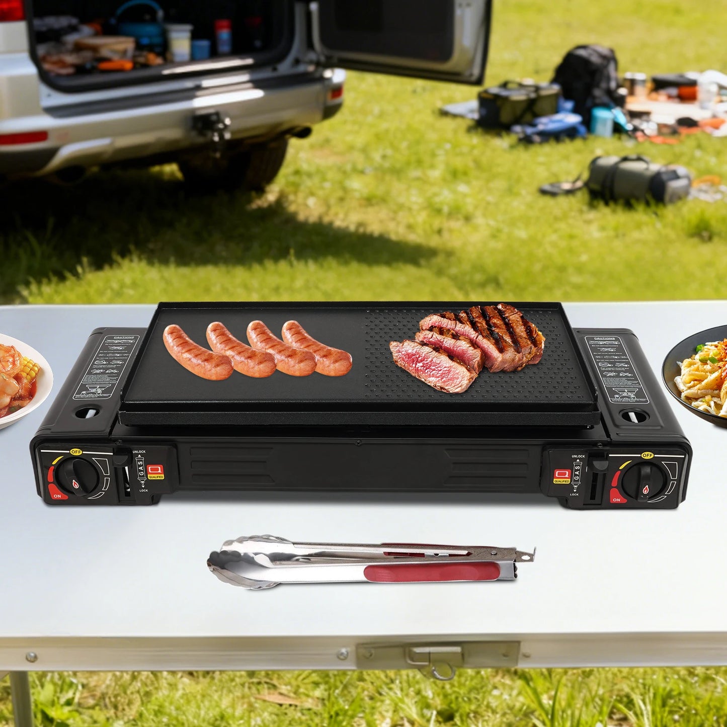 Estufa de Camping portátil de 2 quemadores, estufa de Gas butano/GLP de encendido automático de 2,5 kW con bandeja para hornear + Estuche de transporte para barbacoa pícnic al aire libre RV
