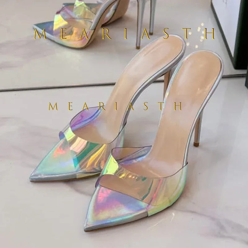 Mulas de cuero de Color caramelo para mujer, zapatos de tacón alto fino con punta abierta y punta abierta, zapatillas modernas sexis para fiesta para primavera y verano