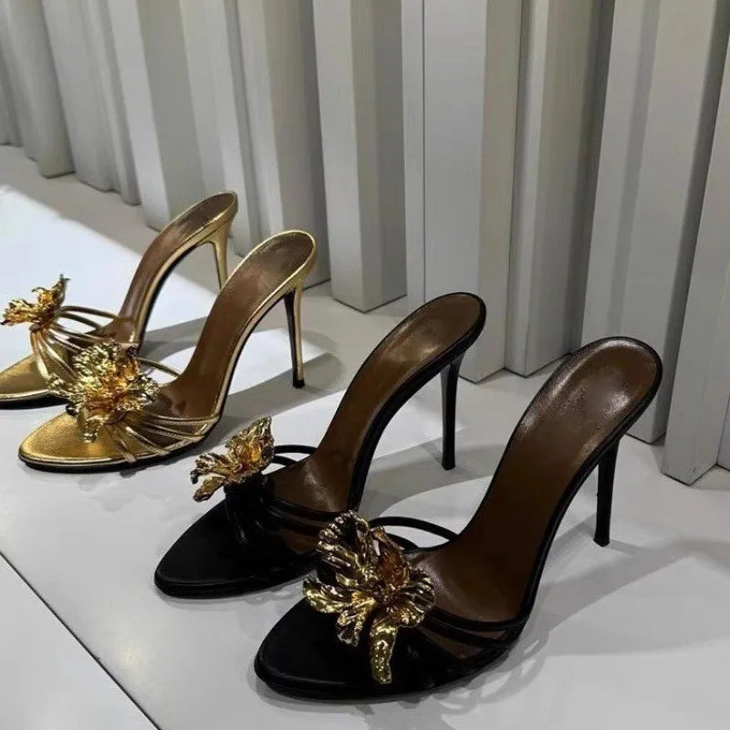 Sandalias de tacón alto para mujer, zapatillas antideslizantes con cabeza puntiaguda, boca poco profunda, conjunto de flores de cristal