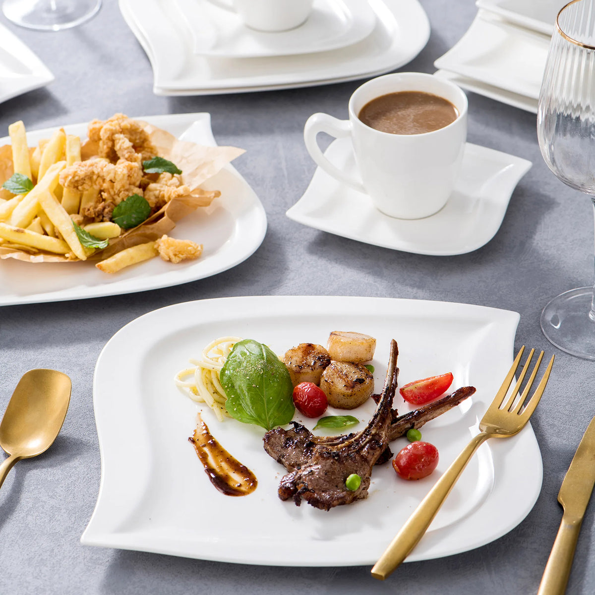 MALACASA-Juego de vajilla de porcelana blanca, juego de tazas, platillos, platos de cena, postre, sopa, servicio de vajilla para 30/60, 6/12 piezas