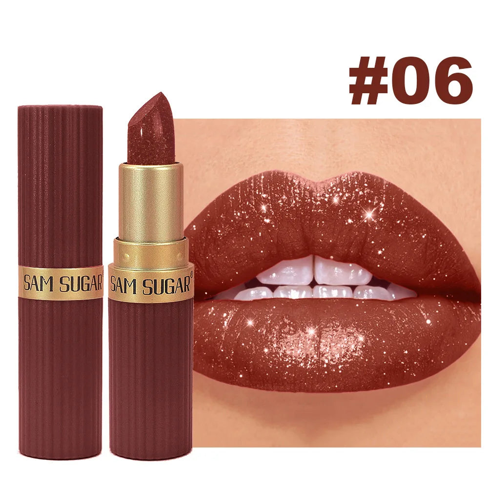 Lápiz Labial Rojo Chocolate Diamante, Lápiz Labial de Terciopelo con Brillo Perlado, Brillo Labial Metálico Brillante a Prueba de Agua, Maquillaje de Larga Duración