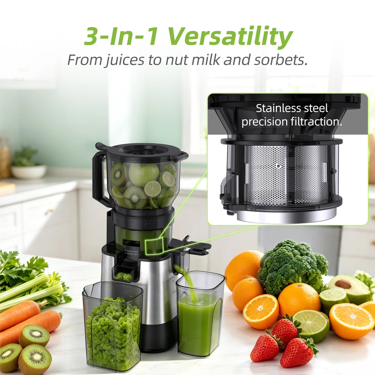 Extractor de Jugos Eléctrico Multifunción 3 en 1 BioloMix – Toma de Alimentación Ancha de 150 mm, Motor de 300 W con Pantalla Digital para Jugos Ricos en Nutrientes