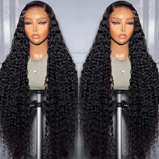 Peluca de cabello humano rizado con encaje Frontal, pelo sin pegamento, listo para usar, onda profunda 13x6 HD, predesplumada