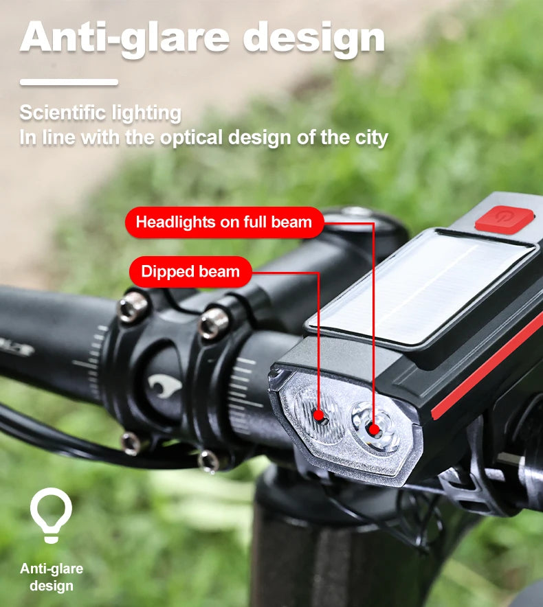 Luz Solar para bicicleta con bocina, 120dB, TYPE-C, carga rápida, lámpara frontal para bicicleta de montaña y carretera, linterna para bicicleta de 1200 mah