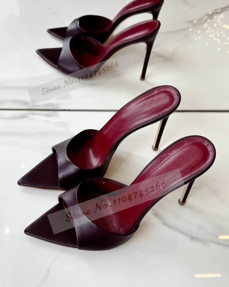 Cielo Azul Satén Tacón Alto Mules Rosa Borgoña Punta Puntiaguda Zapatillas Modernas Slip-On Vestido Elegante Sandalias Zapatos de Banquete Poco Profundos