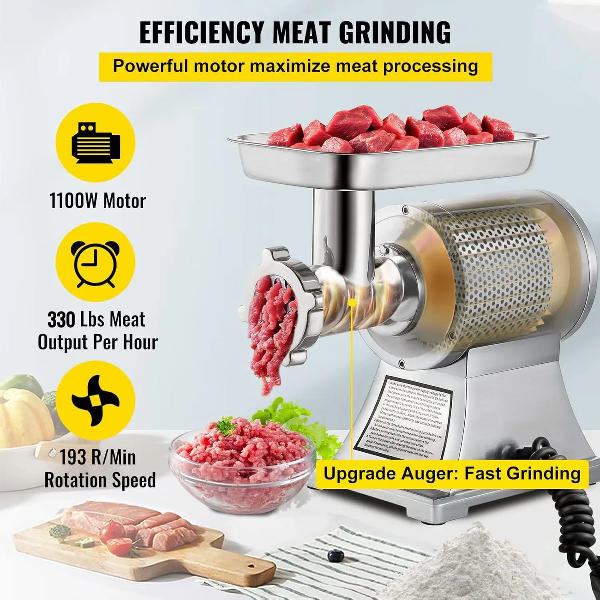 Picadora de Carne Eléctrica Comercial de 1100W, 550LB/H, Máquina Picadora Industrial de Alta Resistencia, Aprobada por ETL