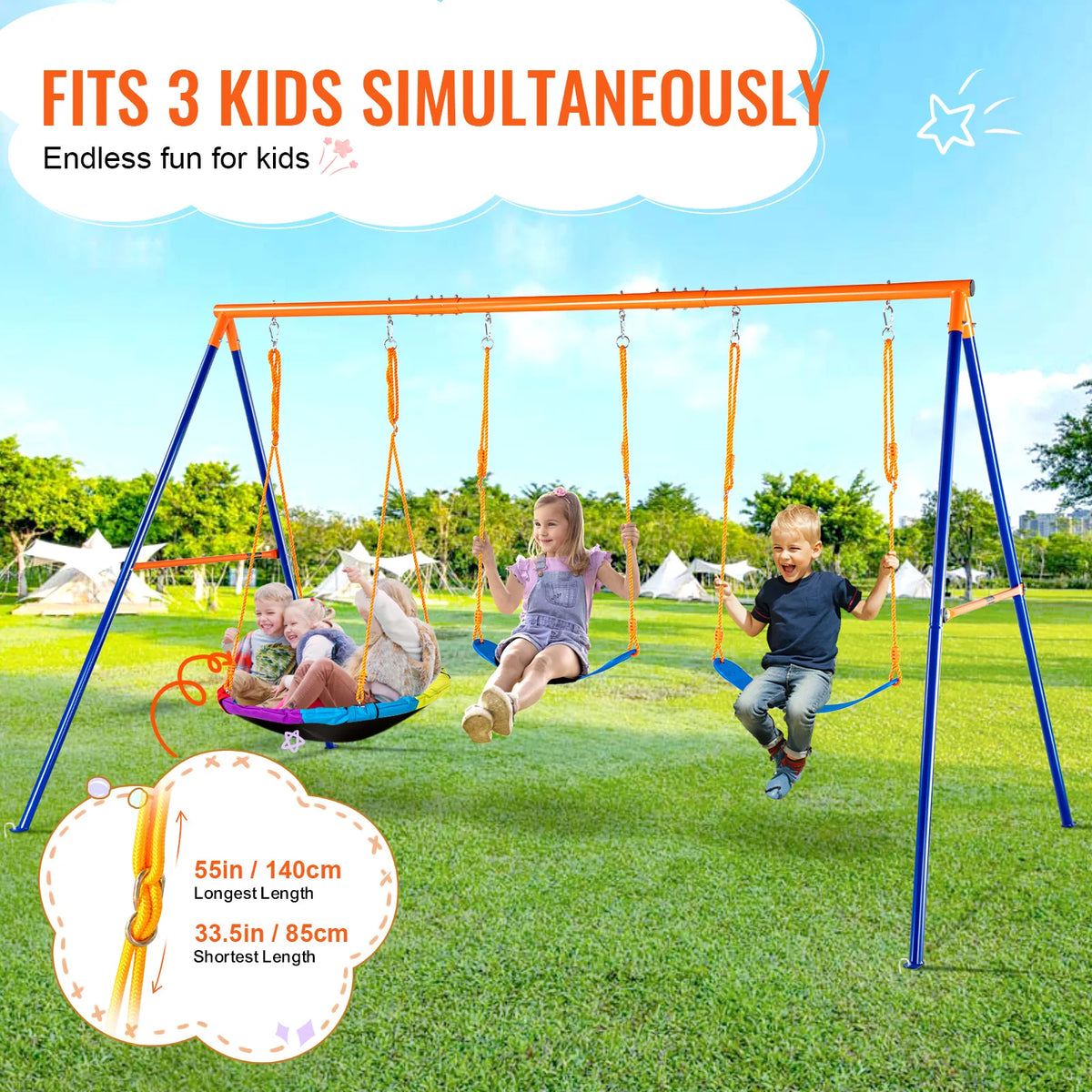 SucceBuy Juegos de columpios para patio trasero Juego de columpios de 600 libras de capacidad con 1 asiento de columpio de platillo 2 asientos de columpio de cinturón Columpio al aire libre para niños