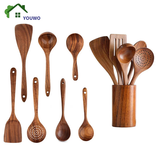 Cuchara de cocina de teca Natural, espátula de madera, juego de utensilios antiadherentes para cocinar con ganchos colgantes, herramienta de utensilios de cocina